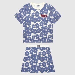 B.Sure Blue And White Flower Short-Sleeved Skirt Set